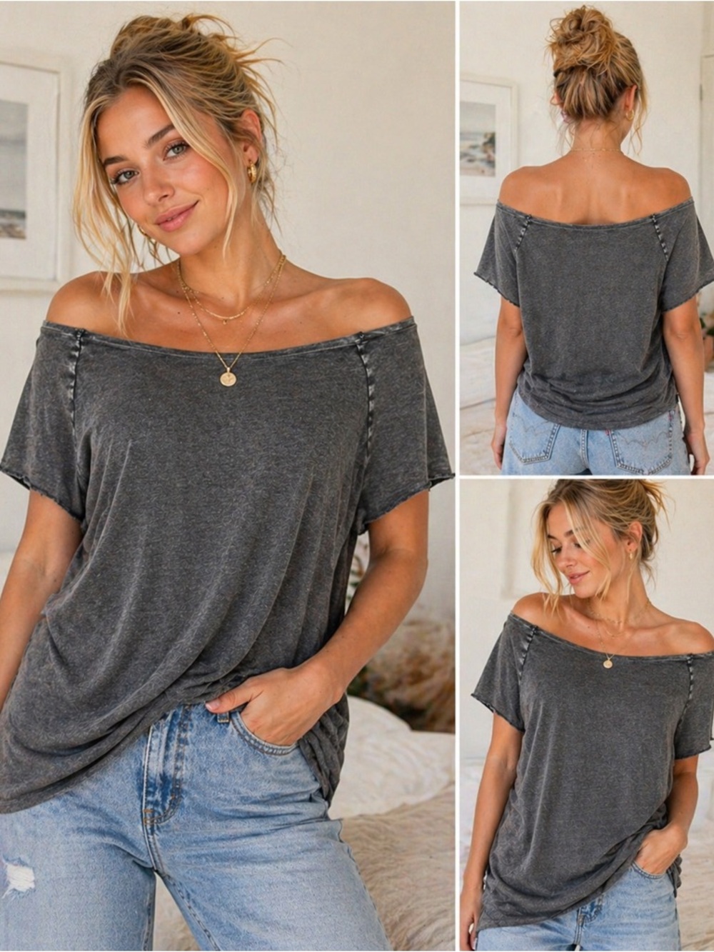 SHEIN Washed Off-Shoulder Short Sleeve Top in Charcoal